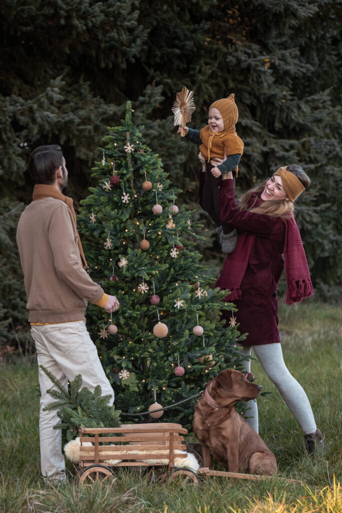 Familie vor Weihnachtsbaum auf einem Feld in Heilbronn